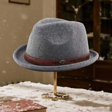 Sombrero de jazz para hombres y mujeres, estilo occidental vintage, de cuero sintético, con banda decorativa y ala enrollada, sombrero Fedora, decoración de otoño, Año Nuevo, regalos de San Valentín, regalo de Navidad, clásico y elegante,  de , alta tasa de recompra. - Gris - Ver 3