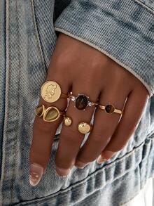 5 Pcs Vintage Tiger Eye Stone Decor Stackable Rings Set For Women, Fashionable Golden Color Coin Statement Ring For Daily Wear