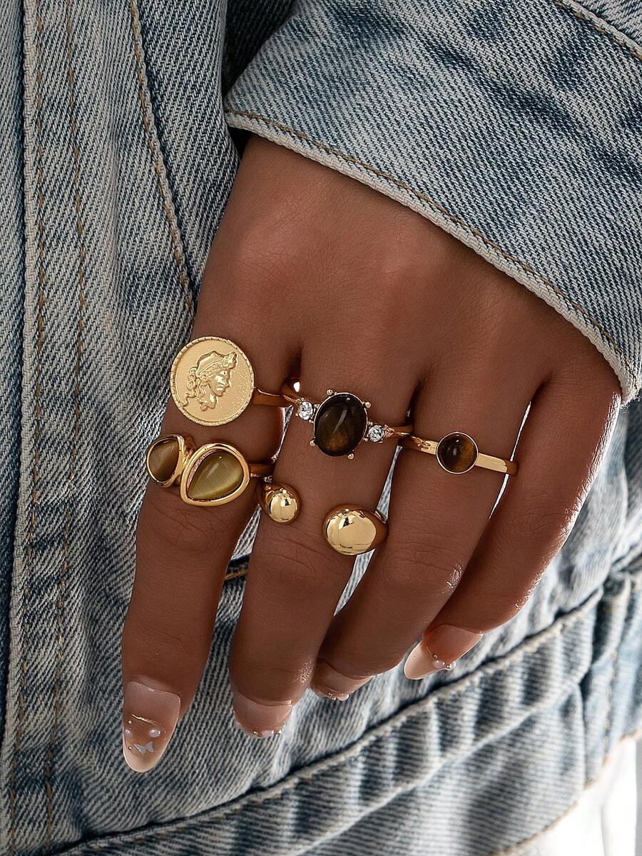 5 Pcs Vintage Tiger Eye Stone Decor Stackable Rings Set For Women, Fashionable Golden Color Coin Statement Ring For Daily Wear