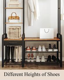 HaluPeit Coat Rack With Bench, Wardrobe With 3-Tier Shoe Bench And 1 Drawer, 5-In-1 Clothes Rack With 17 Hooks, 1 Hanging Rod, 4-Tier Side Shelves, Brown And Black - Rust Brown - View 4