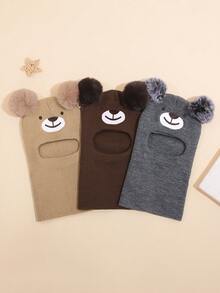 1pc 1-3 Years Old Toddler Balaclava Hat - Embroidered Bear Face And Fluffy Pom Pom Ear Decor, Comfortable Knitted Winter Warm Ear & Neck Protection Headwear, Suitable For Cold Weather Outdoor Activities And Daily Use - Bear Face - Dark Gray - View 4