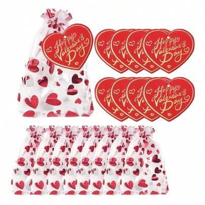 100件套爱心主题薄纱袋及卡片套装，包含50个薄纱袋和50张卡片，适用于情人节派对、婚礼、派对回礼等场合。为您的爱人和朋友准备一份温馨的礼物。