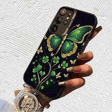 Mariposa verde con tréboles brillantes Impresión UV para iPhone 11/12/13/14/15/16 Plus/17 Pro Max (Regalos de Navidad seleccionados, regalos por el Día Nacional, regalos por el Día de la Independencia, regalos de San Valentín, regalos de cumpleaños - Negro transparente - Ver 4