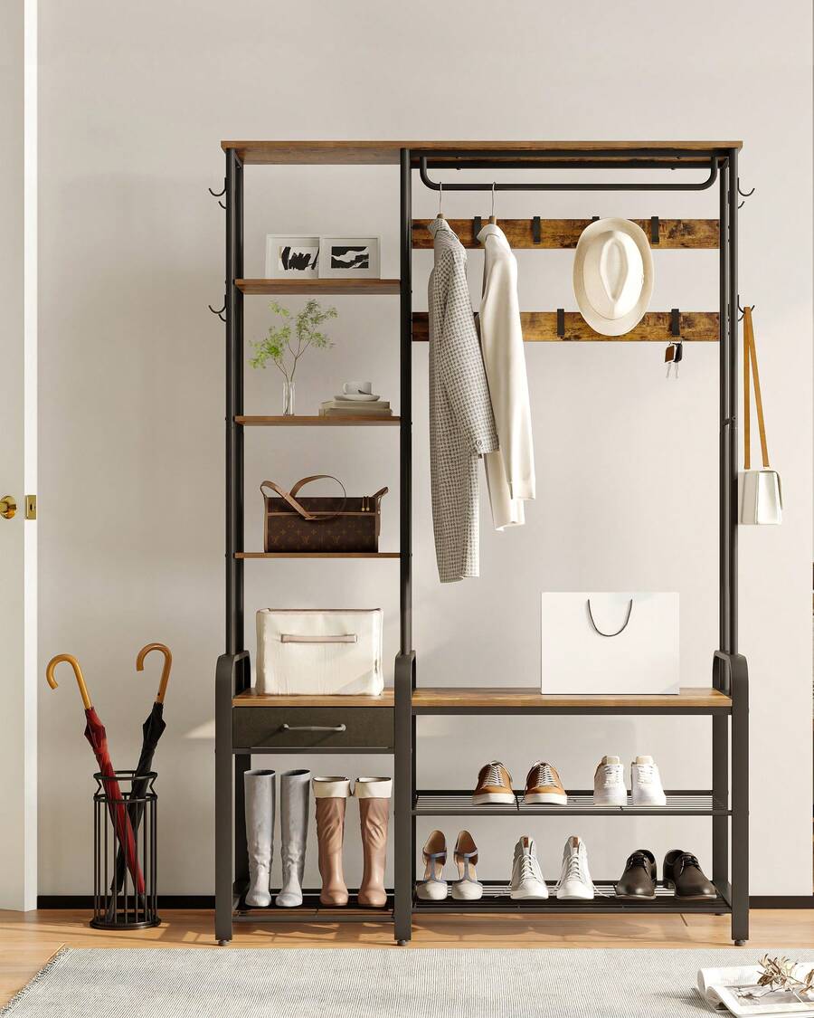 HaluPeit Coat Rack With Bench, Wardrobe With 3-Tier Shoe Bench And 1 Drawer, 5-In-1 Clothes Rack With 17 Hooks, 1 Hanging Rod, 4-Tier Side Shelves, Brown And Black - Rust Brown - View 1