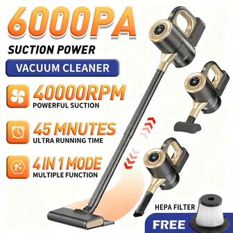 四合一手持立式吸尘器，USB充电，40000转/分钟强劲电机，6000pa超强吸力，适用于实木地板和地毯的双重功能，可清洁宠物毛发、去除家居灰尘和清洁，还可吸尘汽车。