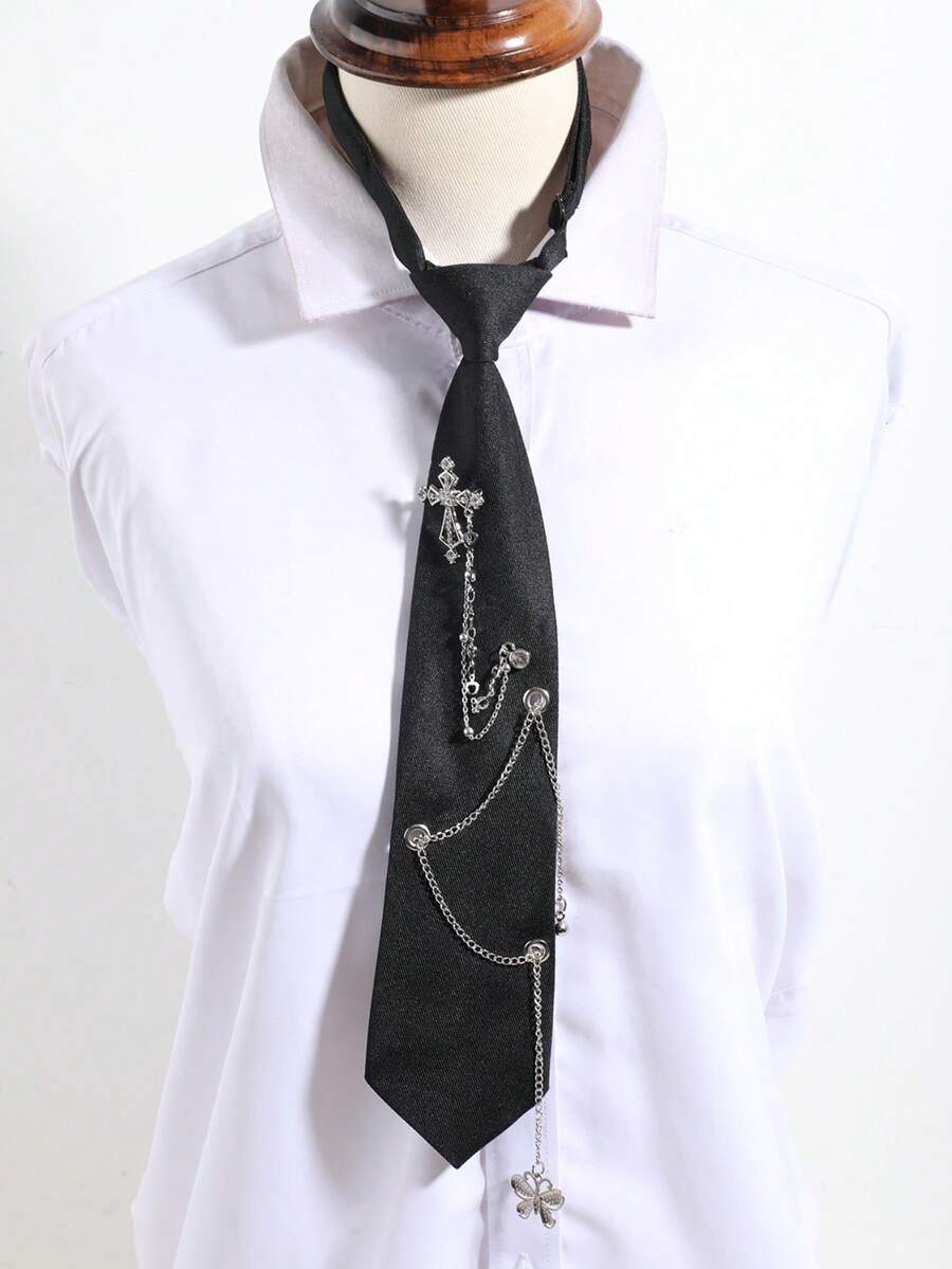 1pc Women's Punk Style Tie With Rhinestone Cross & Butterfly Chain Pendant Decor, Suitable For Rock Concerts, Halloween Parties, Dark Theme Parties, Photography - E - View 1