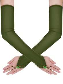 1 Pair Solid Color Long Sheer Breathable Elegant Fingerless Rhinestone Mesh Gloves - Black - View 9