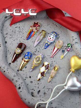 10pcs Press On Nails Acrylic Stiletto,Classic French Tip,Fall Winter,Circus Troup,Clown,Coloured Balloon,Red White Plaid,Metallic Star,Pearl,Sun,Asymmetrical Liquid Metal Elements Design,Dot,Rhinestone Decor,Funny Press On Nails Y2K Charms Handmade, Suitable For Women & Girls, 10 Pcs/Set 4 Sizes, Fit For Party, Wedding, Daily Wear, Includes Tools, Great Gift For Ladies
