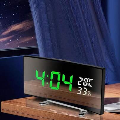Modern Square LED Digital Alarm Clock With Large Green Backlight Display, Temperature & Humidity Monitor, Curved Design, Battery/AC Powered (No Battery Included) - Sleek Black Bedside Clock For Home, Office, Bedroom, °C/°F Switchable, Vintage Alarm