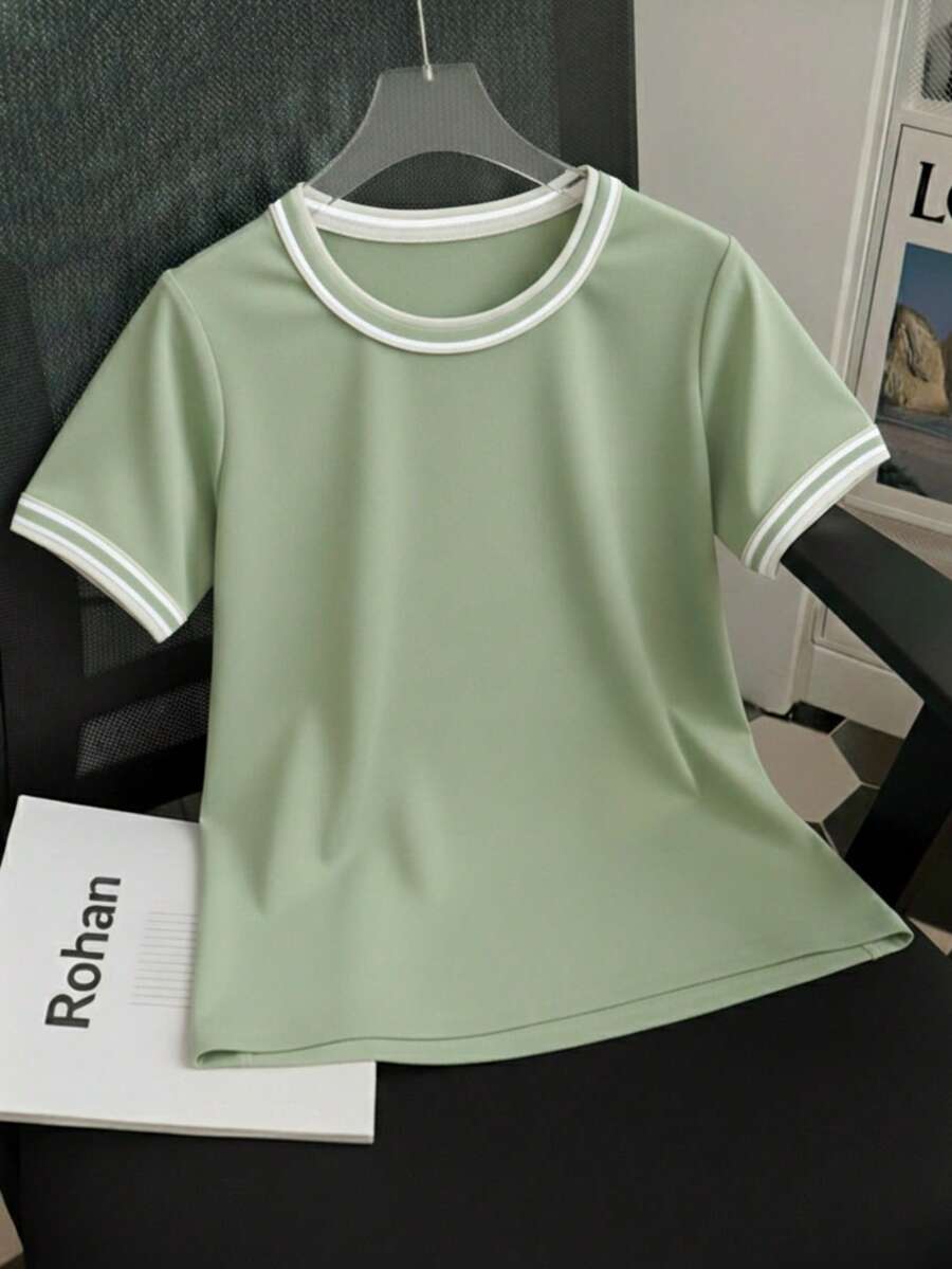 Women's Short-Sleeve Ribbed Blouse, Plain, Round Neck With Collar And Sleeve Details, Elegant Basic Style - 青檸色 - 查看 1