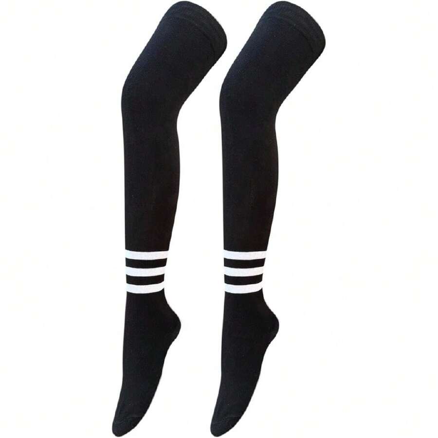 Women Thigh High Socks Cotton Warm Over The Knee High Leg Warmers Long Boot Socks With Stripes,28433036 - 黑色 - 查看 1