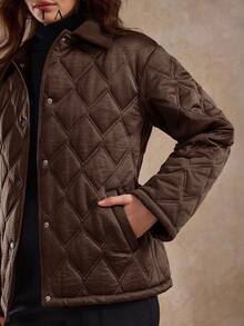 Aliao 优雅菱格纹绗缝夹克，带口袋，冬季外套，防风衣，秋季服装，新年装，商务休闲女装，端庄优雅 - 深咖 - 查看 2