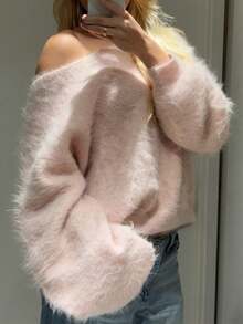 Women's Plush Mohair Blend Sweater  White Dusty Pink Off Shoulder Fall Winter Pullover  Soft Dropped Shoulder Knit Top For Cool Weather And Everyday Coziness - 粉色 - 查看 2