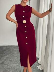 Vestido elegante de media pantorrilla para mujeres, diseño de bolsillo de cuello en O y un solo botonadura sin mangas, apertura frontal, unicolor negro, primavera/verano - Burdeos - Ver 4