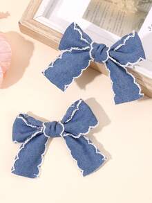 2pcs Denim Bow Hair Clip For Baby Girls Vintage Denim Star Hair Bows Solid Color And Glitter Star Denim Hair Barrettes Casual Denim Alligator Clips Party Denim Star Hairpins Baby Hair Accessories - Blue - View 3