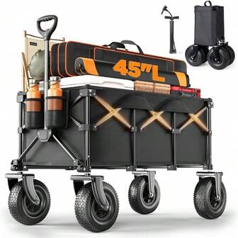 Beach Wagon With 10x3.5 Big Rubber Wheels For Sand, 400lbs Heavy Duty 220L Collapsible Utility Wagon, Easy Transport & Storage, Ideal For Sport, Camping, All-Terrain Outdoor Activities, Black