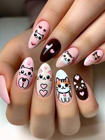 24Pcs Cute Cat & Heart Nail Art Design, Cartoon Kitty Pattern Pink Brown Almond Press On Nails