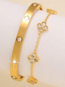 Set de cercei la modă, sexy, din oțel inoxidabil, cu zirconiu, cu trifoi cu patru foi, pentru femei, potriviți pentru purtare zilnică, întâlniri, asortare pentru mai multe ocazii și cadouri - Aur Galben - Vizualizare 1