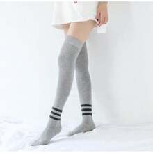Women Thigh High Socks Cotton Warm Over The Knee High Leg Warmers Long Boot Socks With Stripes,28433034 - 灰色 - 查看 2