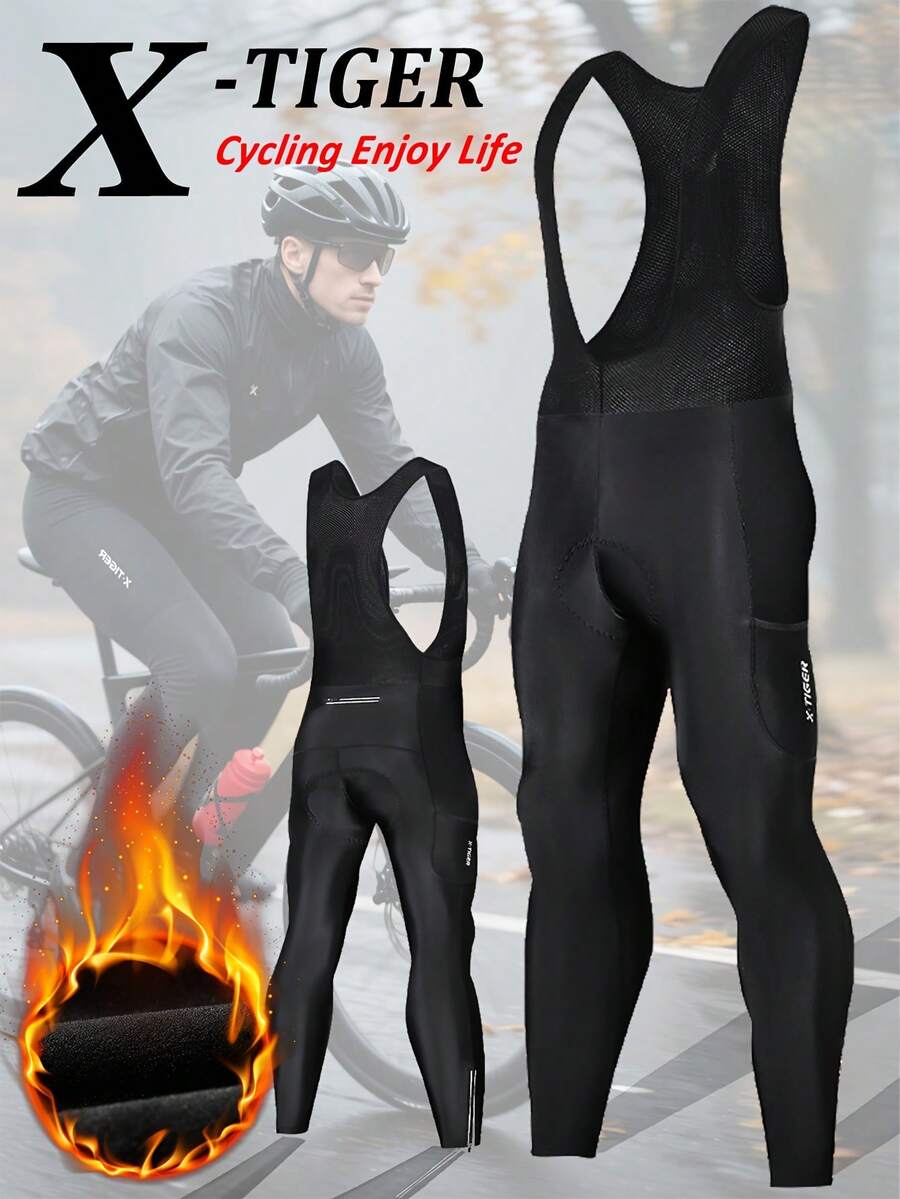 X-TIGER Men's Cycling Pants With Thermal Lined, Elastic Comfort, Pockets For Storage, Men's Fleece Sports Pants, Winter Long Pants, Suitable For Outdoor Sports And Casual Wear, Featuring Anti-Slip Strips And 5D Pads - Black - View 1