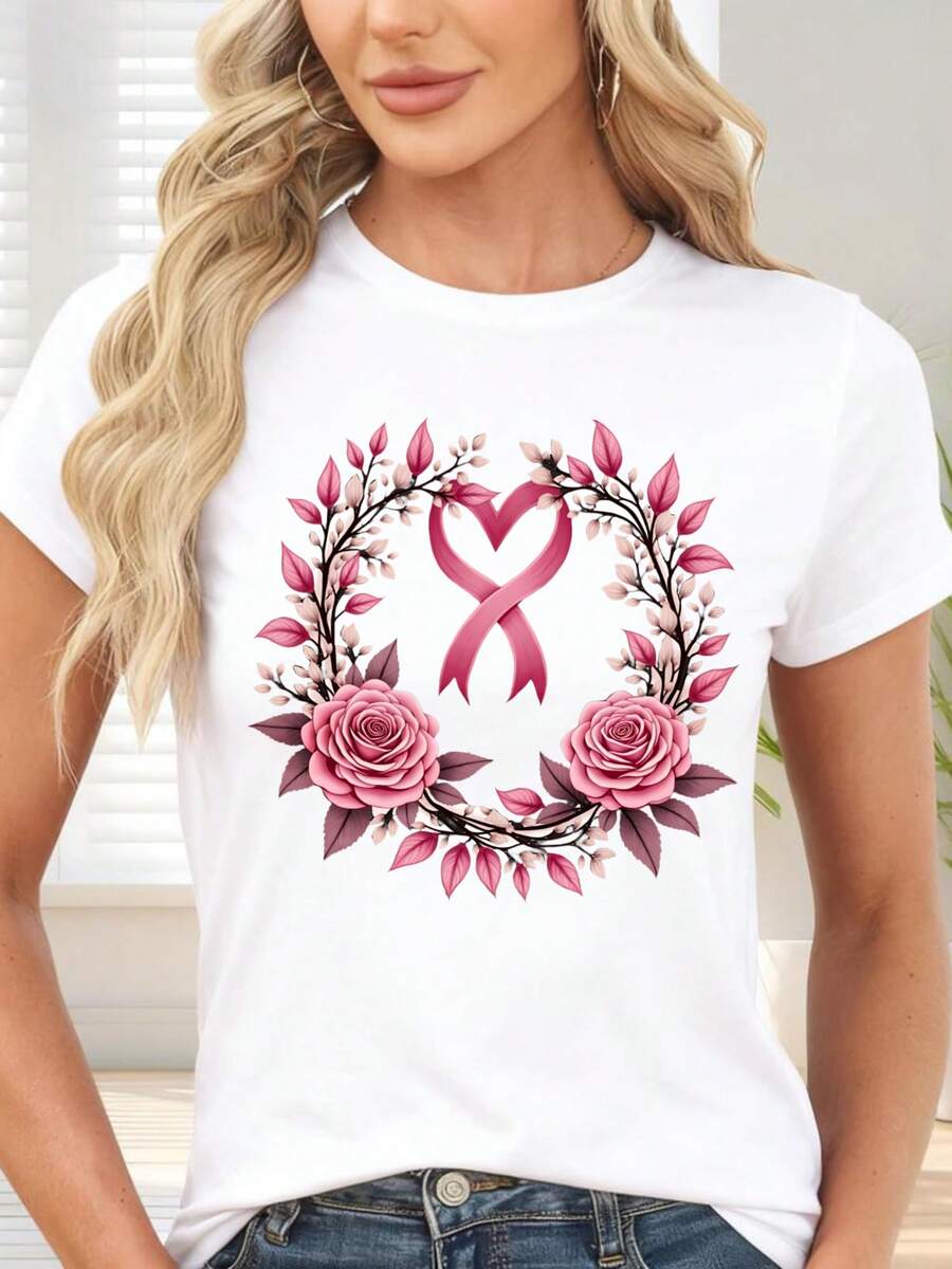 Camiseta de con Estampado de Cinta Roja y Rosas para Conciencia del Cáncer de Mama Ideal para Ocasiones de Apoyo y Solidaridad - Blanco - Ver 1