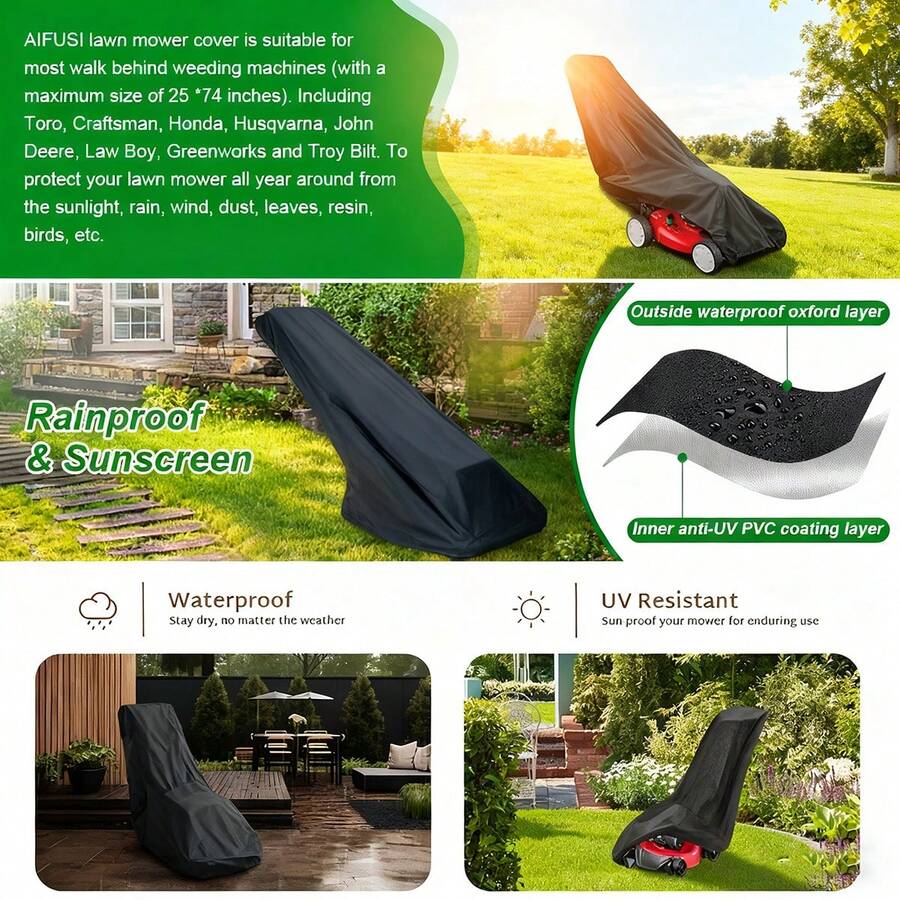 1 Pack Universal Outdoor Push Lawn Mower Cover, With Fabric, Double Layer, Adjustable Drawstring, Quality Stitching, Manual Power - Black - View 1