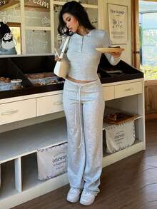 Conjunto de estilo de calle minimalista y casual de unicolor para mujer, con blusa de manga larga y pantalones, elegante para la primavera - Gris - Ver 4