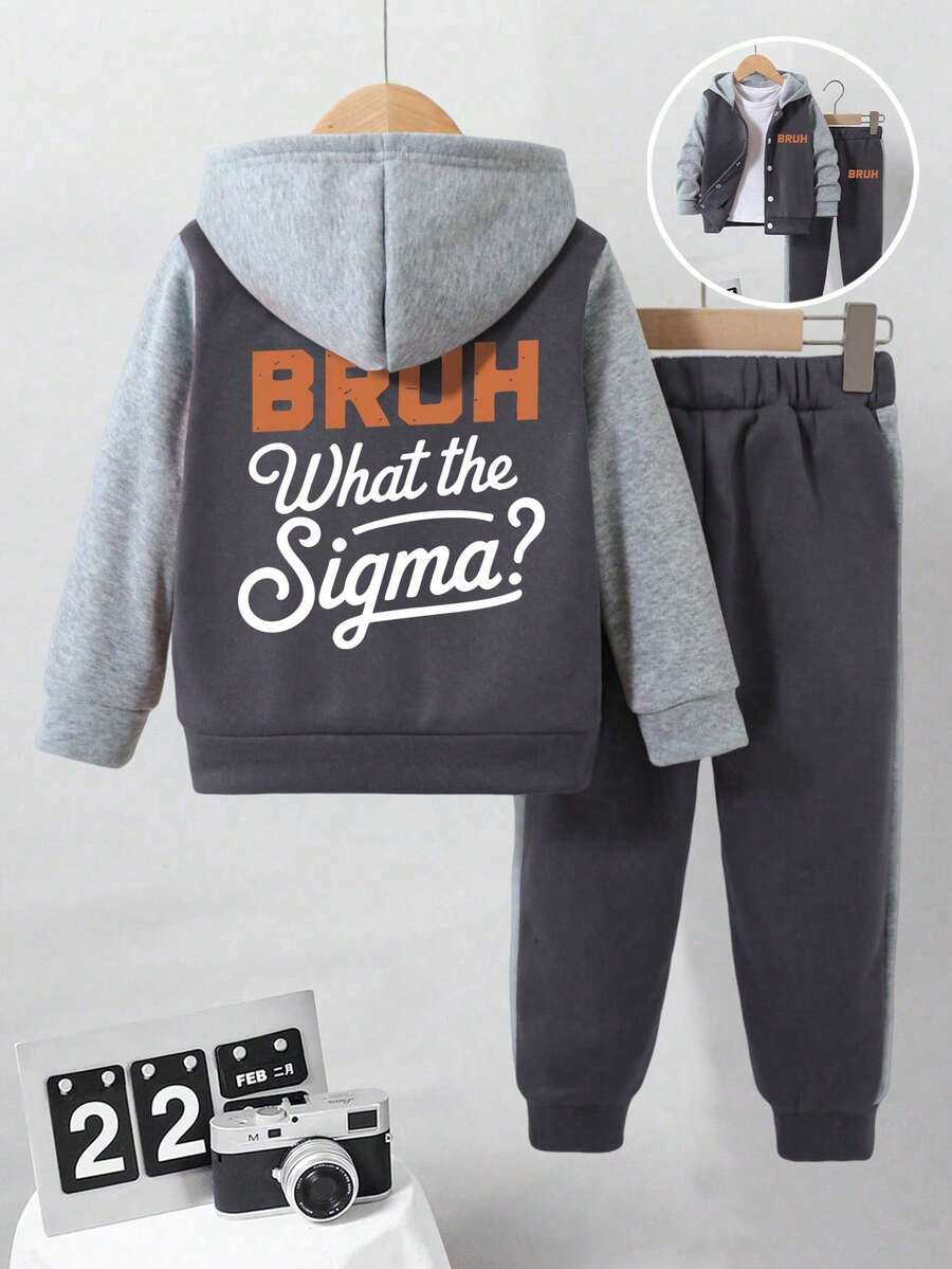 2pcs/Set Young Boy Slogan Print Hooded Single-Breasted Jacket And Casual Pants Set - Dark Grey - View 1