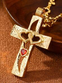 Colar vintage com pingente de cruz em ouro 14K, unissex, com design de coração vazado, cravejado com zircônias vermelhas e corrente vazada em formato de flor. Uma joia moderna e elegante, perfeita para ocasiões religiosas, Dia das Mães, aniversários, Dia dos Namorados e Natal. - Cruz de Coração Vazado - Ver 9