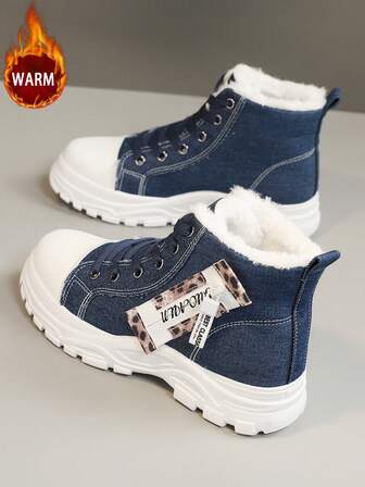 1 Pair Women's Plus Size Winter Plush Colorblock Outdoor Snow Boots, Round Toe Lace-Up Hiking Boots For Autumn/Winter