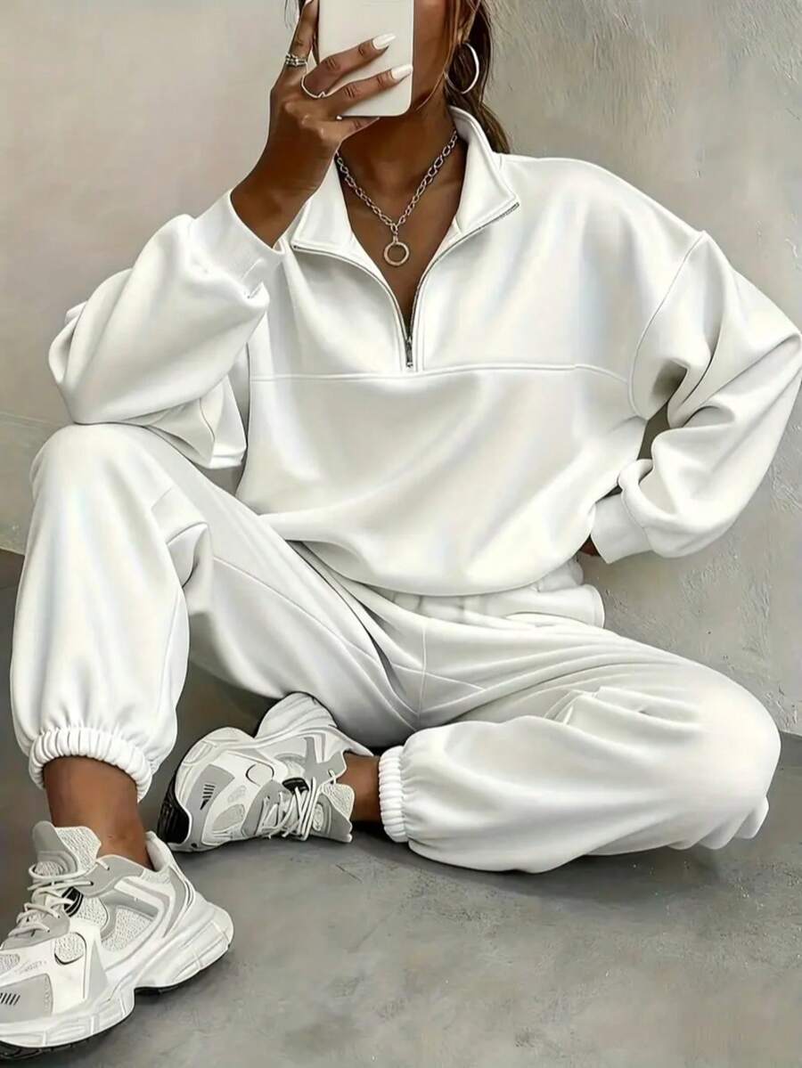 Women's Fleece-Lined Two-Piece Tracksuit - Loose Fit Autumn Casual Wear, Comfortable Sporty And Relaxed Style, Suitable For Loungewear (Multiple Colors) - trắng - Xem 1