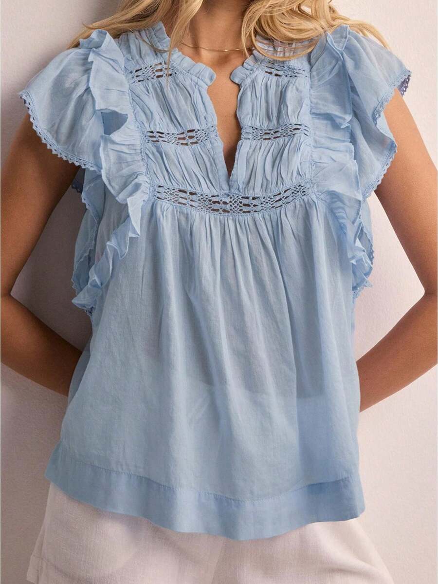 Women's Summer Loose Tank Tops Solid Color Lace Trim Flying Sleeve V-Neck Loose Fit Vest Streetwear - Blue - View 1