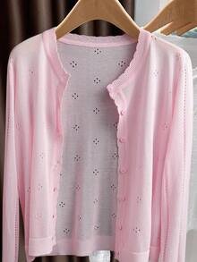 GIGOGOU Women's Lightweight Knit Cardigan, Casual & Breathable Long Sleeve Sunscreen Shirt, Spring/Summer - Pink - View 3