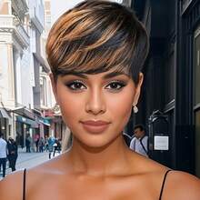 Ombre 1B/33 Color Short Pixie Cut Human Hair Wig - Black With Brown Layered Straight Style For Women, Rose Net Cap, Natural Look For Everyday Style, Fashion Accessory | Layered Style | Hair Texture, Short Hair Wig - Multicolor - View 9