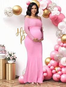 JustVH 孕妇褶皱网纱露肩连衣裙，优雅修身鱼尾裙摆派对礼服，适合迎婴派对和拍照，粉色系春季款 - 粉色 - 查看 6