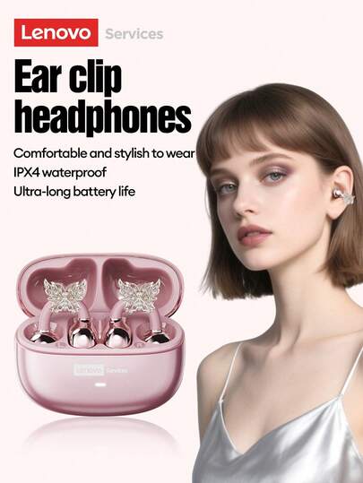  Lenovo LE302 Fashionable Bluetooth Headphones With Butterfly Earphone Accessories, Clip-On Earphones With Surround Sound, High-Quality Audio, Low Latency, ENC Noise Cancellation, Comfortable Wear, Suitable As Fashionable Earring Accessory And Gift For Women