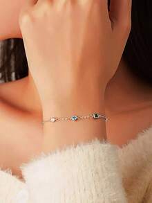 1条S925纯银小爱心手链，女士简约方形祖母绿锆石水滴轻盈奢华手链，个性化椭圆形手链礼品 - 方形 - 查看 3