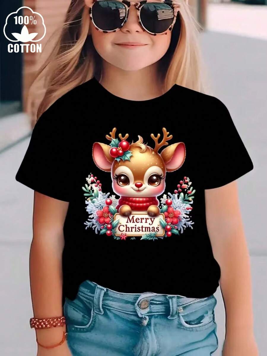 Esta nueva camiseta de manga corta para niñas, 100% algodón, luce un estampado navideño y un corte holgado, informal y versátil. Confeccionada con un tejido suave y delicado con la piel, es suave con la piel sensible de tu hija, permitiéndole moverse con libertad y comodidad durante las reuniones familiares navideñas, los eventos escolares o los juegos al aire libre. - Negro - Ver 1