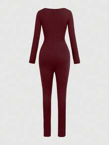 Black U-Shaped Neck And Long Sleeve Jumpsuit Suitable For Spring And Autumn - Burgundy - View 5