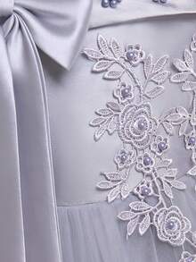 无袖花朵蝴蝶结网纱优雅连衣裙，适合女孩，适合生日派对，不含头饰 - 灰色 - 查看 7