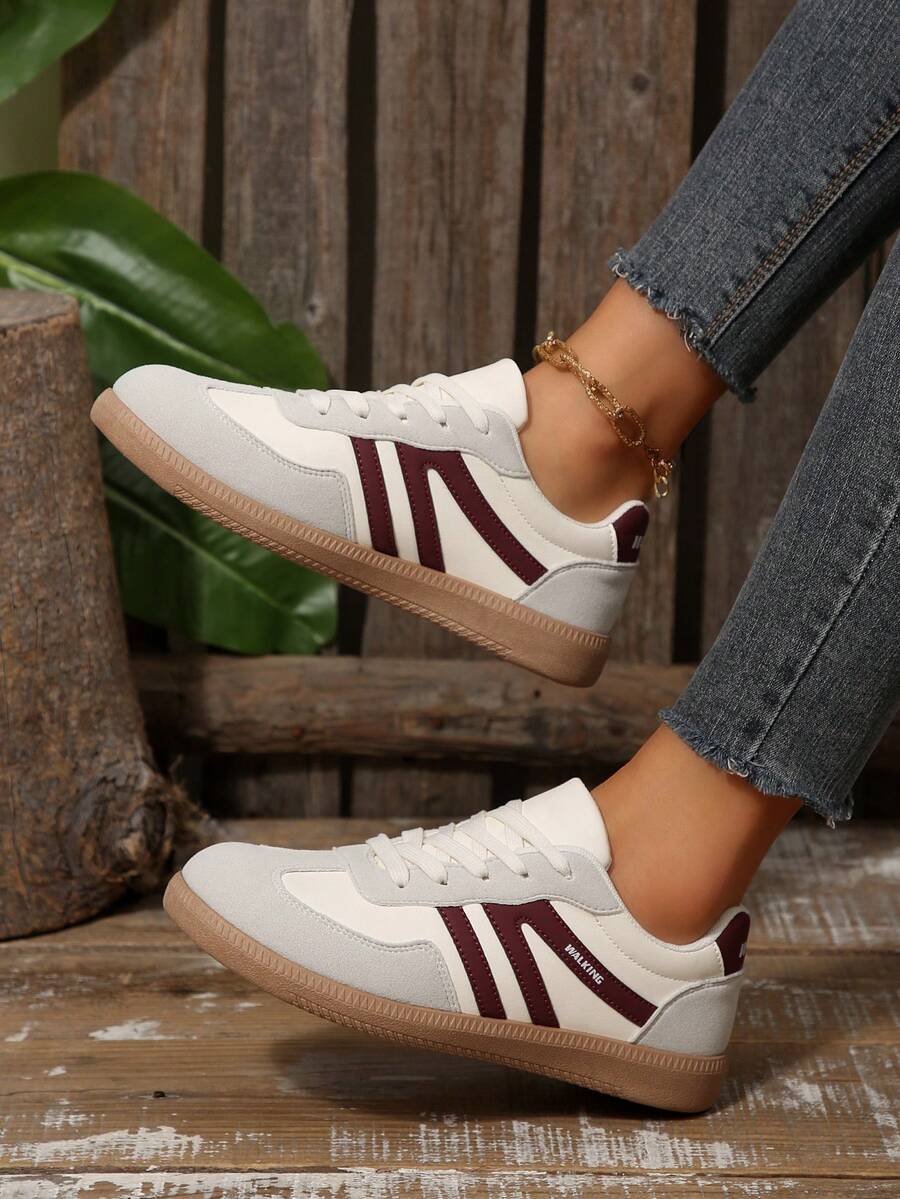 1 Pair Women's Casual Geometric Pattern Flat Round Toe Lace-Up Sneakers, Fashionable & Versatile - Burgundy - View 1