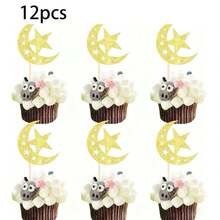 12/24pcs Ramadan Glitter Paper Hollow Moon & Star Cupcake Toppers - Gold - View 7
