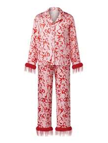 Women Feather Trim Silk Satin Pajama Set Christmas Button Down Shirts And Pants Outfit Sleepwear Loungewear - 紅色2 - 查看 3