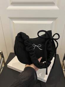 1pc New Fashion Simple Shoulder Handbag, Nylon Bag With Embroidery, Versatile Shoulder Butterfly Bag, High-End Ins Niche Cute Pleated Cloud Shoulder Bag, College Style Large Capacity Retro Tote Bag - Bow Handbag - View 13