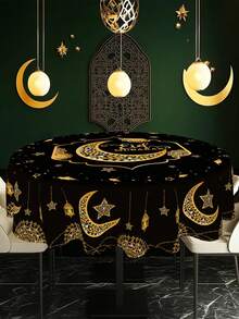 1件，开斋节快乐涤纶桌布，圆形，150厘米，黑色金色月亮和星星图案，斋月快乐桌布，开斋节庆祝活动，开斋节和宰牲节节日餐桌装饰，家庭聚会，节日厨房，家居和厨房装饰，斋月快乐派对用品