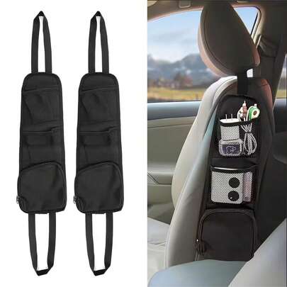 2pcs Multi-Functional Black Nylon Car Seat Back Storage Bag With Mesh Pocket - Durable, Multi-Compartment Rear Organizer, Wall-Mounted, Various Closure Options Car Accessories