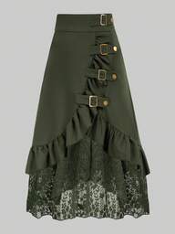 Gothic Style Lace Patchwork Ruffle Hem Solid Color Pirate Skirt