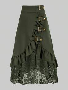 Gothic Style Lace Patchwork Ruffle Hem Solid Color Pirate Skirt - Olive Green - View 1