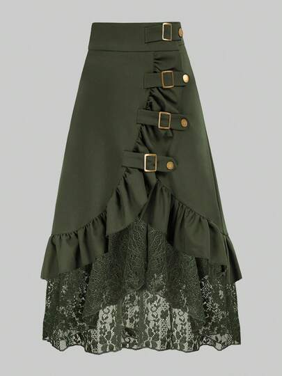 Gothic Style Lace Patchwork Ruffle Hem Solid Color Pirate Skirt