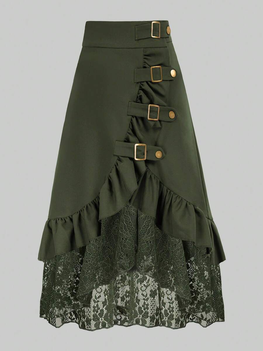 Gothic Style Lace Patchwork Ruffle Hem Solid Color Pirate Skirt - Olive Green - View 1